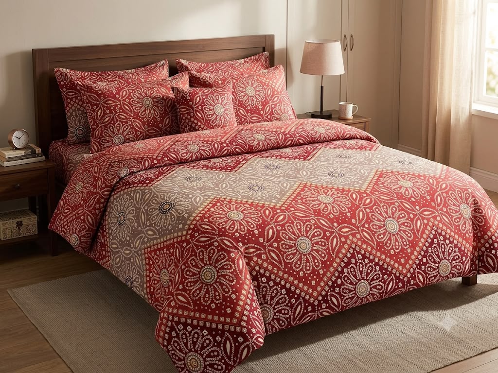 Bandhani Procian King size cotton bedsheet with 2 pillow covers - 108 x 108 Sup
