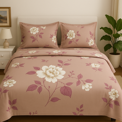 Luxury 4 Piece bedding Set : 1 King Flat Bedsheet, 1 double Bed AC dohar, 2 Pillow Covers