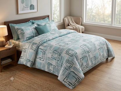 Aqua geometric King size cotton bedsheet with 2 pillow covers - 108 x 108 RR