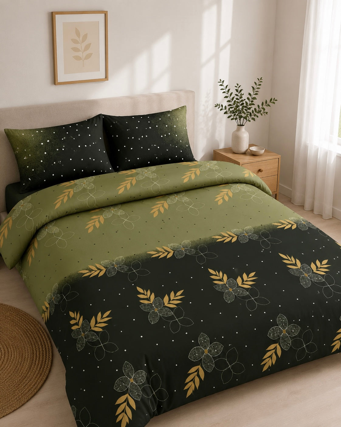 Midnight Botanical King size cotton bedsheet with 2 pillow covers - 108 x 108 SIT
