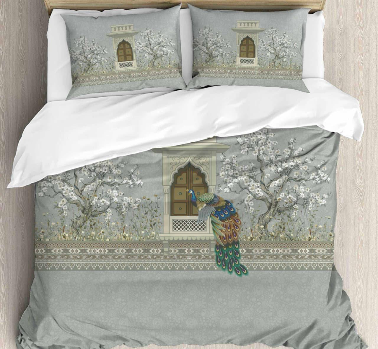 Mughal Peacock Digital Printed King size bedsheet with 2 pillow covers - 108 x 108 |Luxury collection