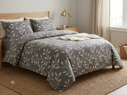 Grey leafy King size cotton bedsheet with 2 pillow covers - 108 x 108 RR