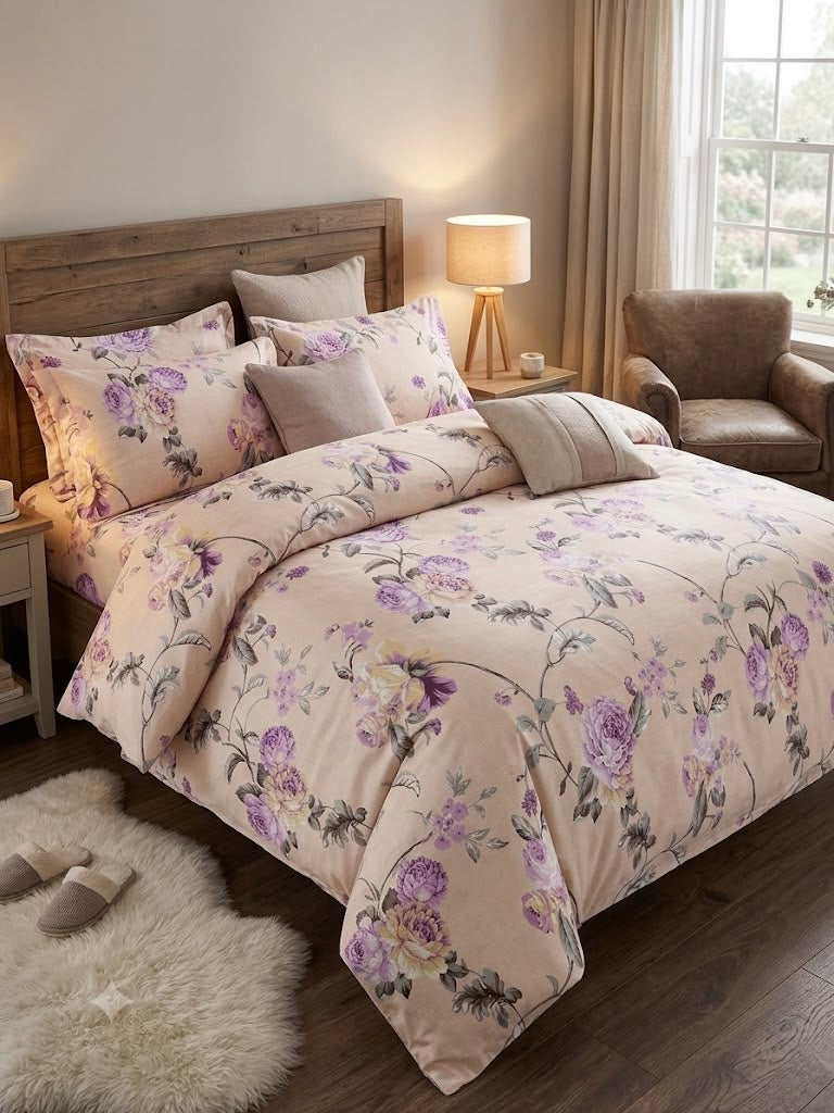 Peach & purple floral King size cotton bedsheet with 2 pillow covers - 108 x 108 RR