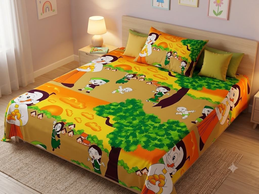 Chotta Bheem Double bed 100% cotton bedsheet with 2 pillow covers - 90 x 100 | SG
