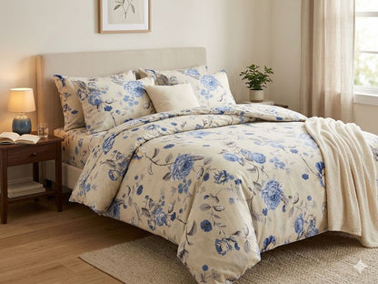 Cream & blue floral King cotton bedsheet with 2 pillow covers - 108 x 108 RR