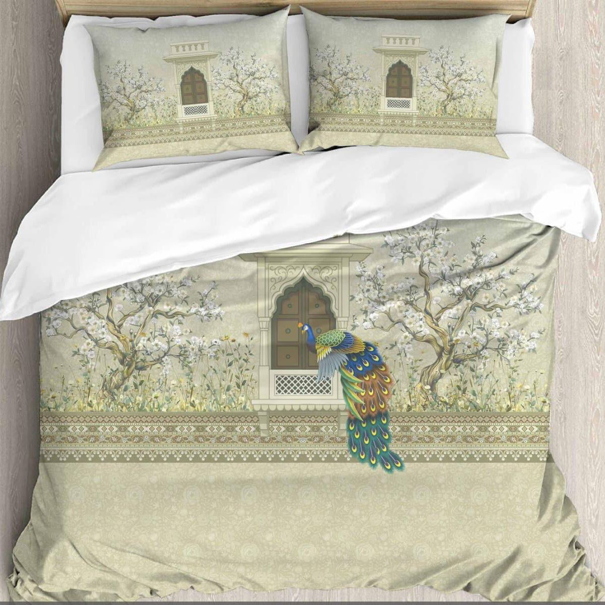 Mughal Peacock Digital Printed King size bedsheet with 2 pillow covers - 108 x 108 |Luxury collection