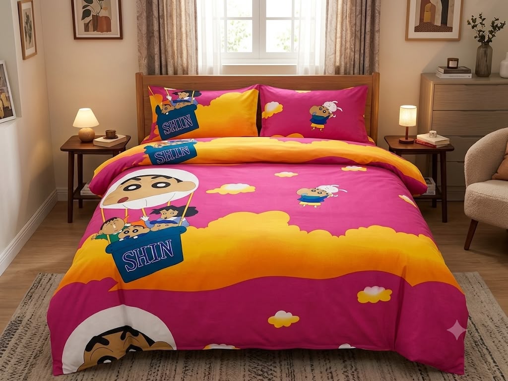 Shinchan Double bed 100% cotton bedsheet with 2 pillow covers - 90 x 100 | SG